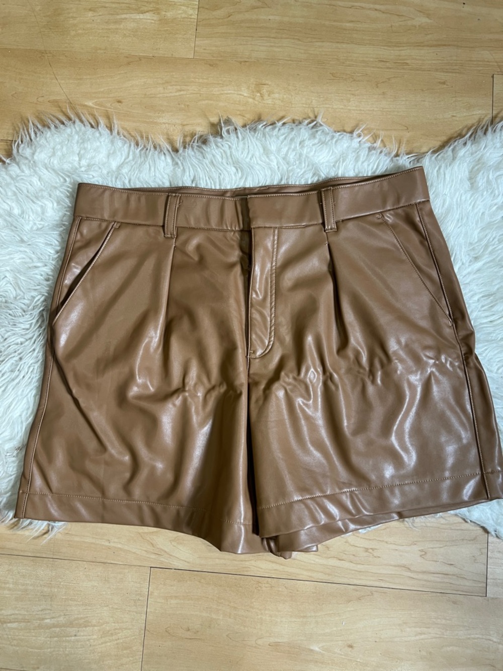Abercrombie & Fitch Tan Faux Leather High-Waist Pleated Shorts